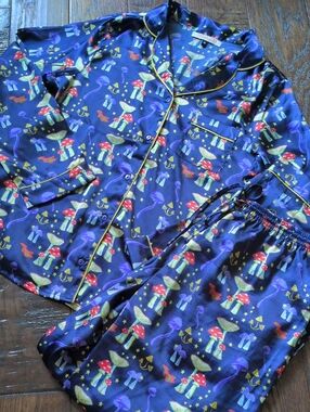 THEIR NIBS I Navy Blue Satin Mushroom Toadstool & Star Print Long Sleeve Pajamas